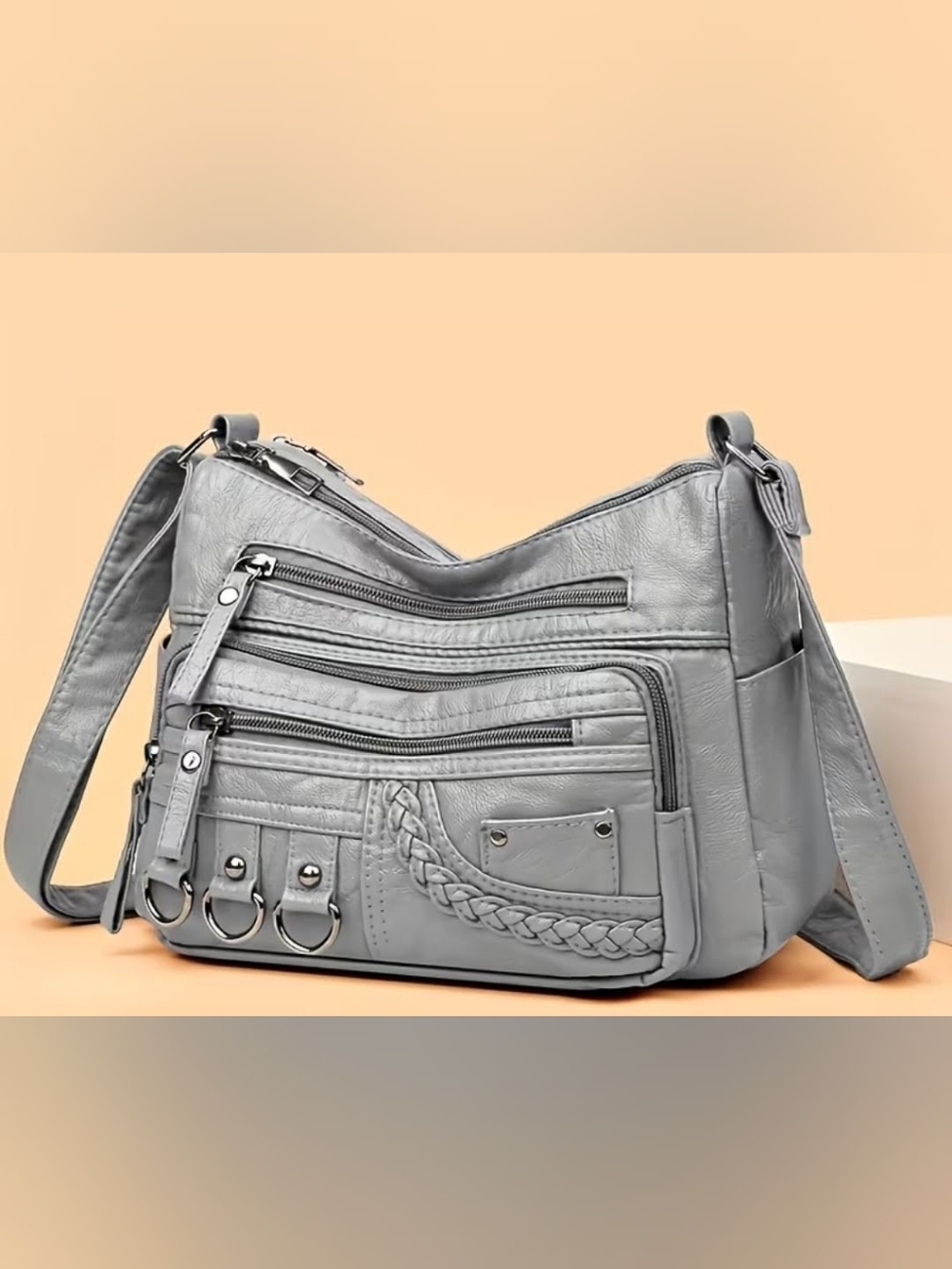 NWOT Women's PU Leather Gray Multi-Pocket Crossbody Bag.